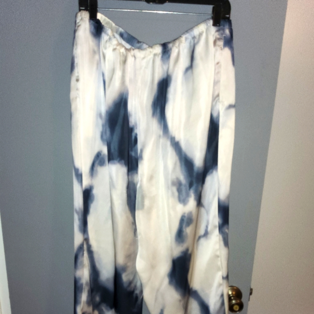 Tye Dye Navy, Gray, and Cream Wide-leg Satin Pants